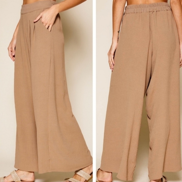 #128 SALE 🛑 L Mocha Khaki Fabulous Boho Wide Leg Solid Pleated Pants - Picture 7 of 11